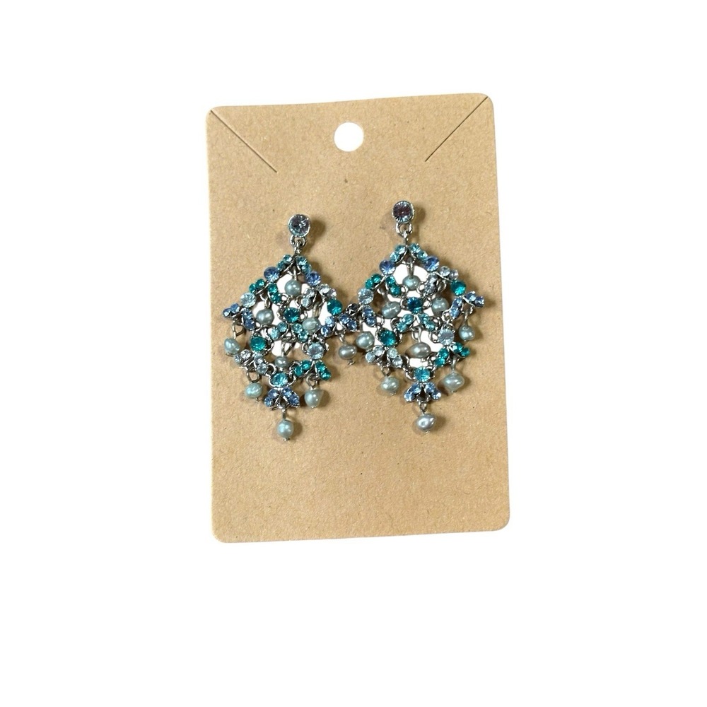 Blue Teal Rhinestone‎ Chandelier Earrings Silver Tone Faux Pearl Drop Dangle 2"